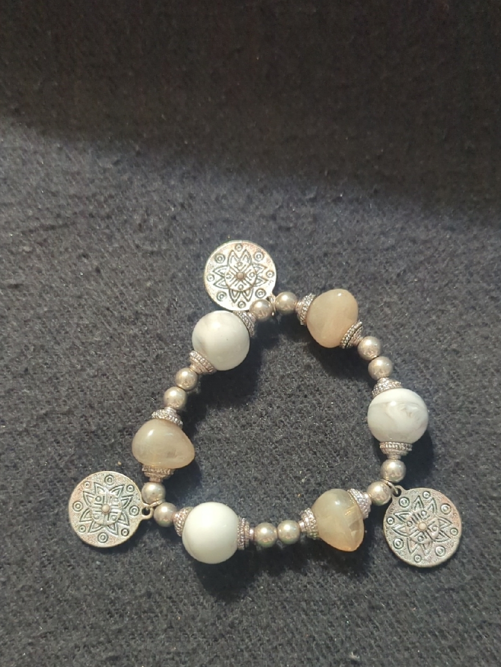 Silver Tone White Beaded Faux Coin Charm Stretchy Elastic Statement Bracelet